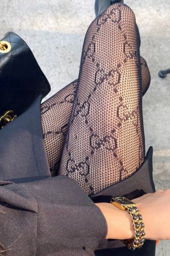 Gucci Black Logo Detail Fishnet Tights - Designer Hosiery
