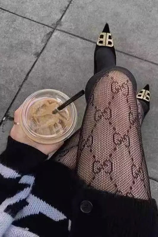 Gucci Black Logo Detail Fishnet Tights - Designer Hosiery
