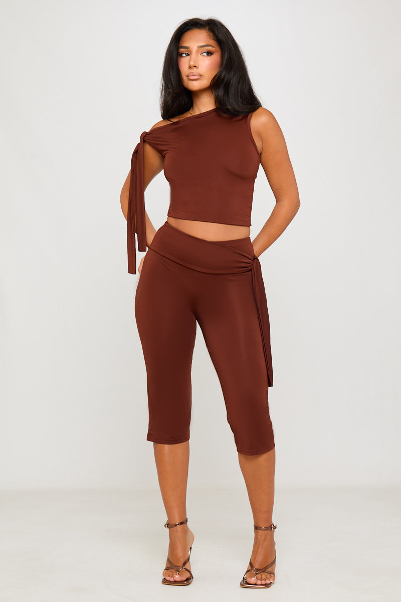 Brown One Shoulder Knot Detail Top & Capri Pants Co-Ord