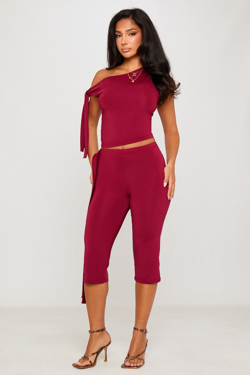 Burgundy One Shoulder Knot Detail Top & Capri Pants Co-Ord