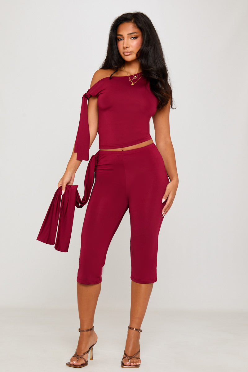 Burgundy One Shoulder Knot Detail Top & Capri Pants Co-Ord