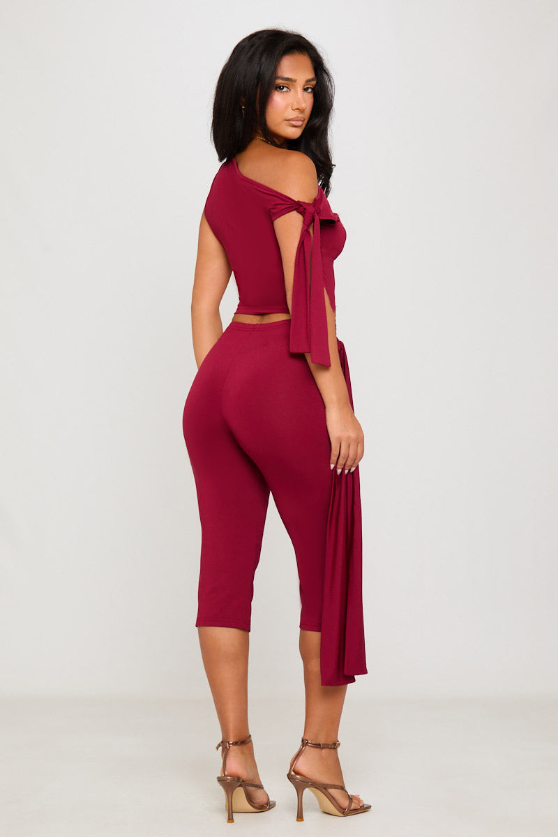 Burgundy One Shoulder Knot Detail Top & Capri Pants Co-Ord