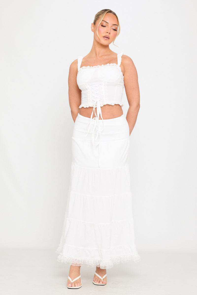 White Ruffle Trim Tiered Tie Detail Maxi Skirt
