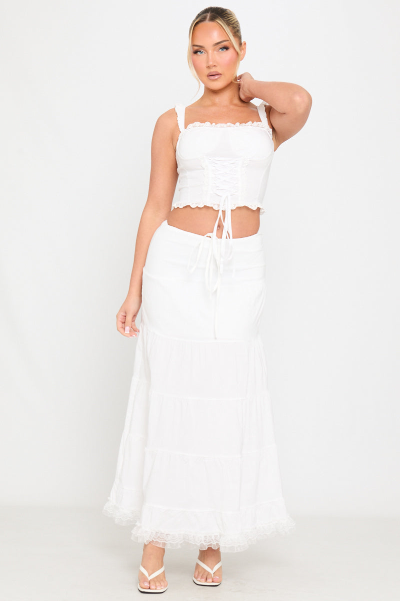 White Ruffle Trim Tiered Tie Detail Maxi Skirt
