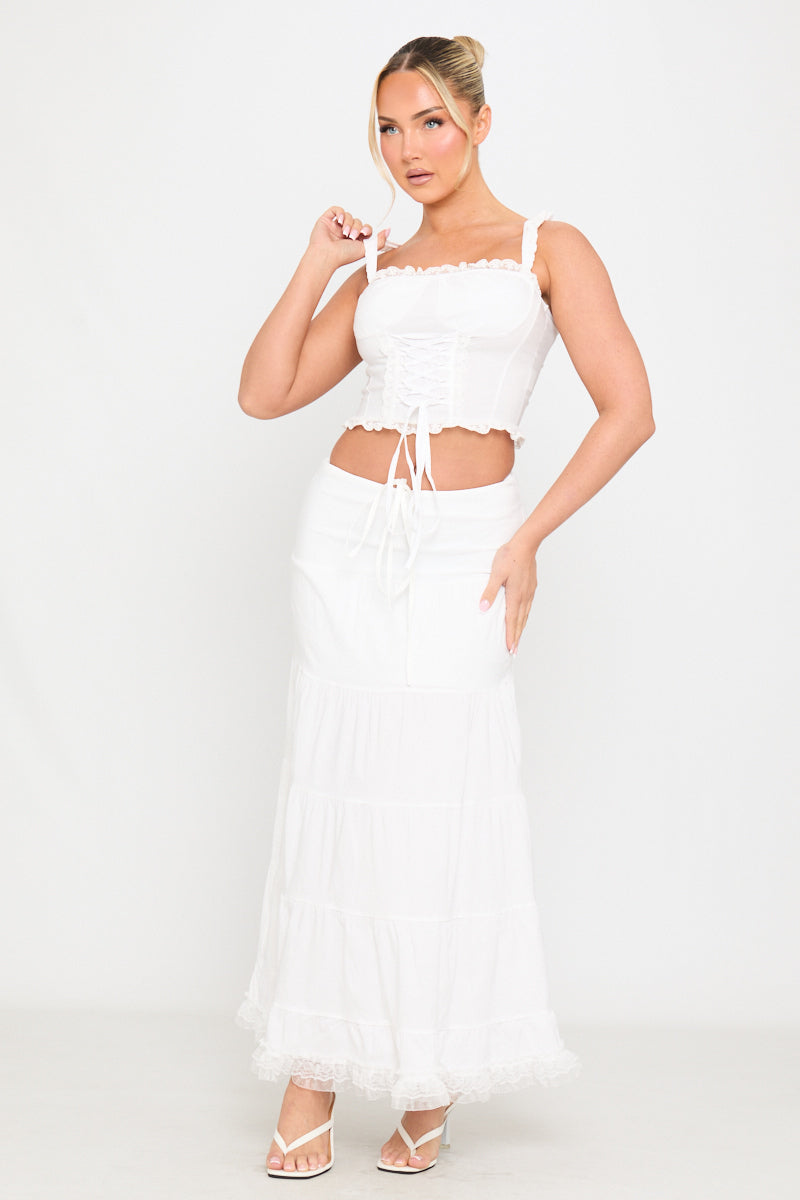 White Ruffle Trim Tiered Tie Detail Maxi Skirt