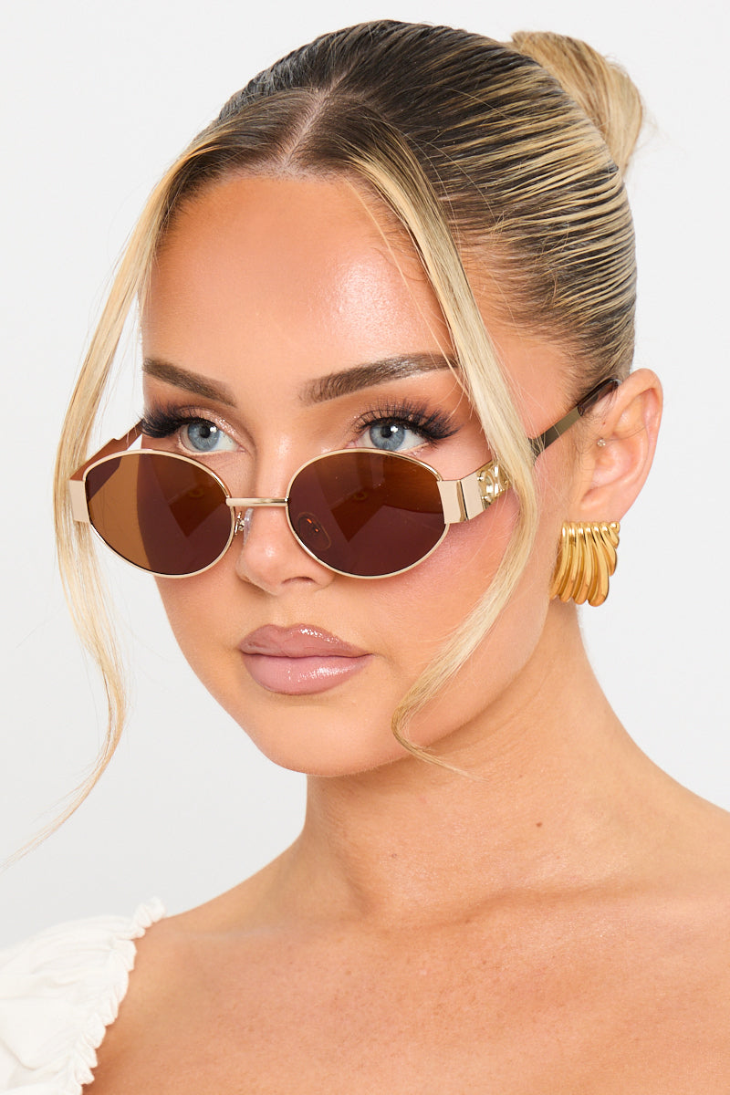 Chic Gold & Brown Metal Oval Frame Sunglasses for Women - Designer Inspired