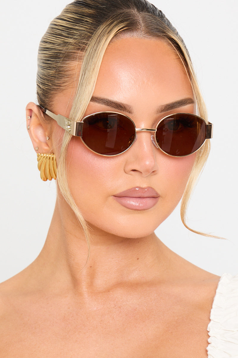 Chic Gold & Brown Metal Oval Frame Sunglasses for Women - Designer Inspired