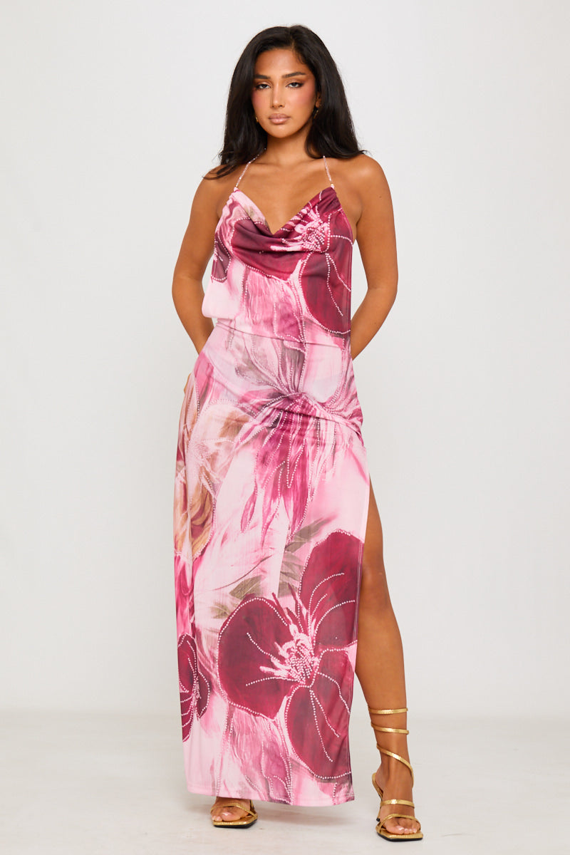 Pink Beaded Floral Print Backless Chiffon Maxi Dress