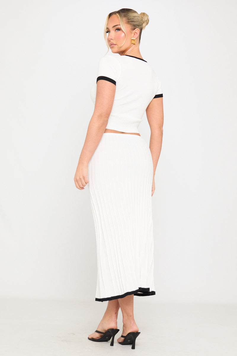 White Contrast Rib Knit Top & Midi Skirt Co-Ord