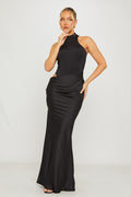 Black Mock Neck Draped Asymmetric Maxi Dress