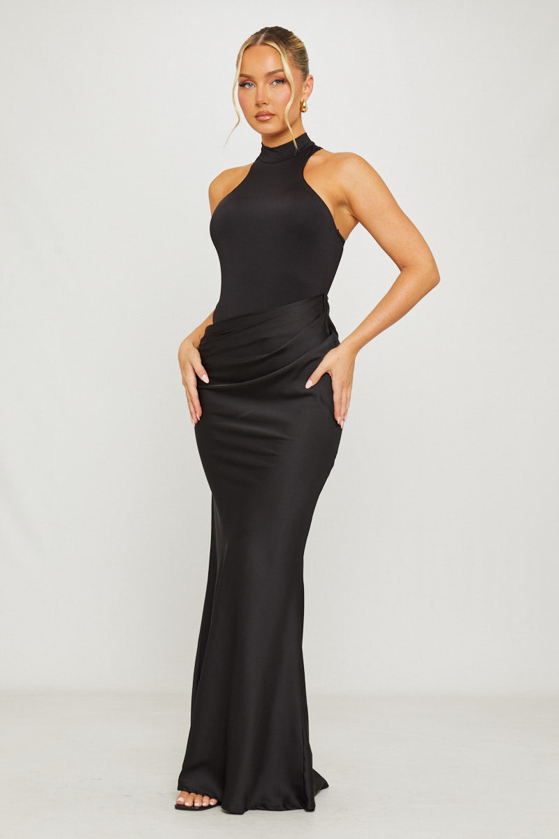 Black Mock Neck Draped Asymmetric Maxi Dress