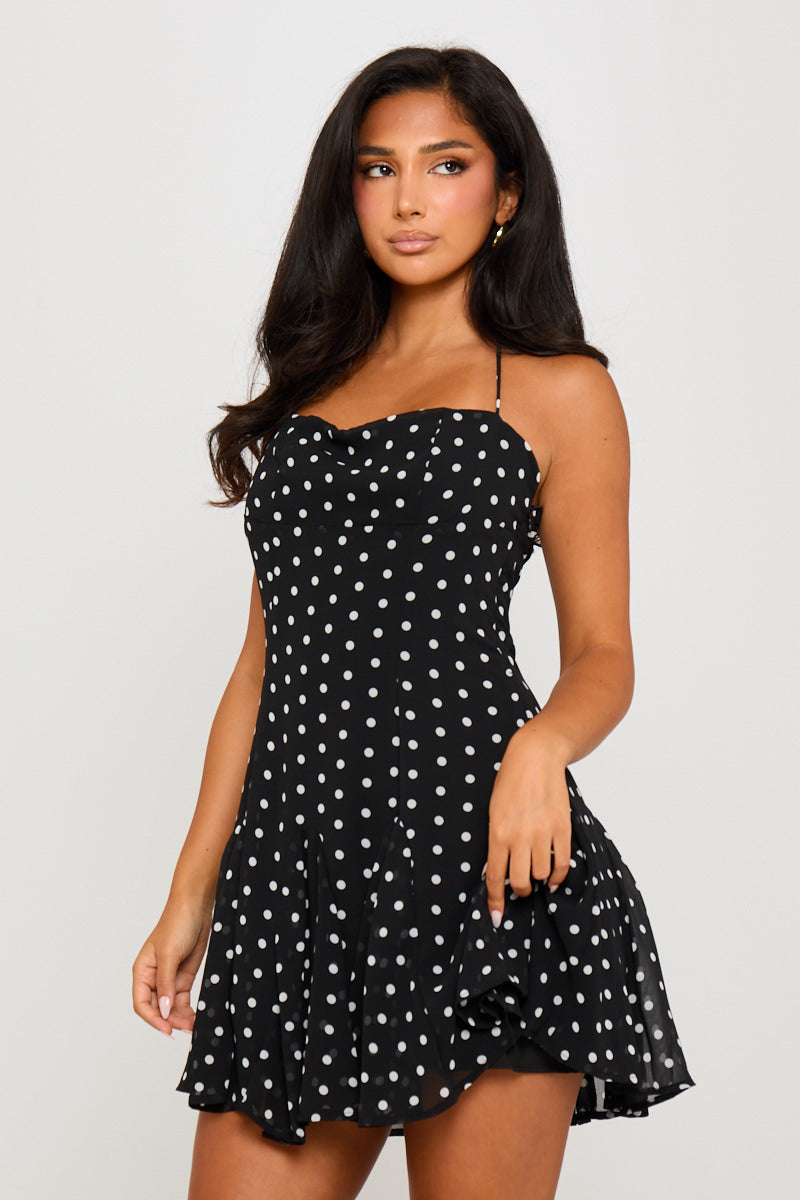 Black Polka Dot Print Halter Neck Mini Dress