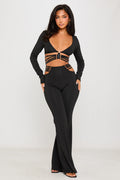 Black Cut Out Detail Plunge Top & Flare Pants Co-Ord