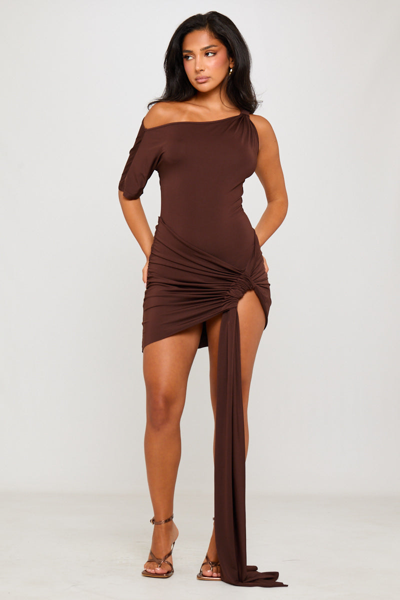 Brown One Shoulder Asymmetric Draped Mini Dress