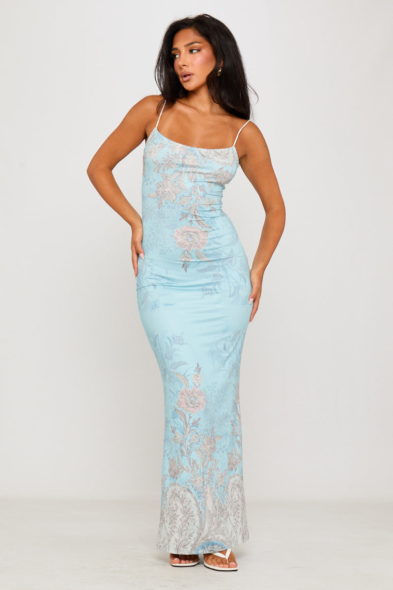 Light Blue Floral Print Strappy Maxi Dress