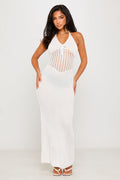White Crochet Knit Halter Open Back Maxi Dress