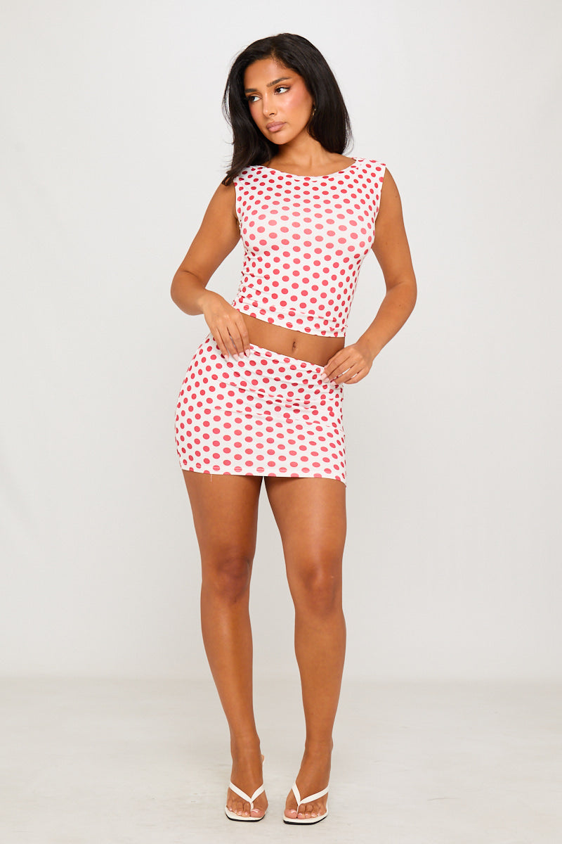 White Polka Dot Off Shoulder Top & Mini Skirt Co-Ord