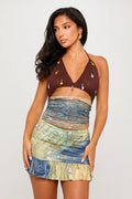 Brown Bejewelled Knit Halter Top & Mini Skirt Co-Ord