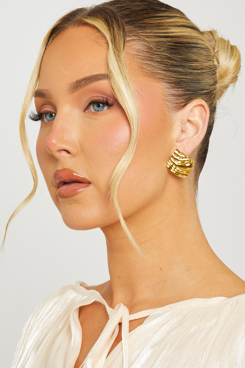 Elegant Gold Textured Drop Earrings - Wave Design, Metallic Finish