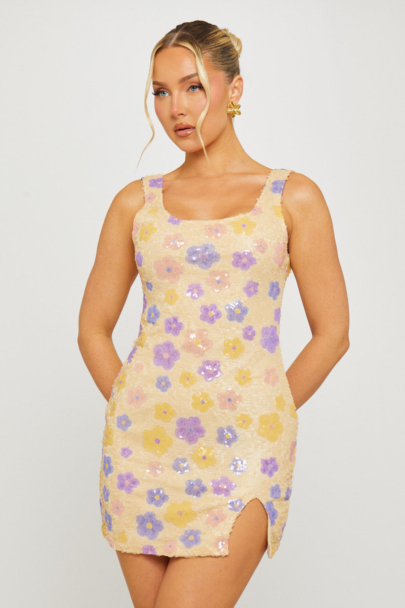 Purple Sequin Floral Detail Square Neck Mini Dress