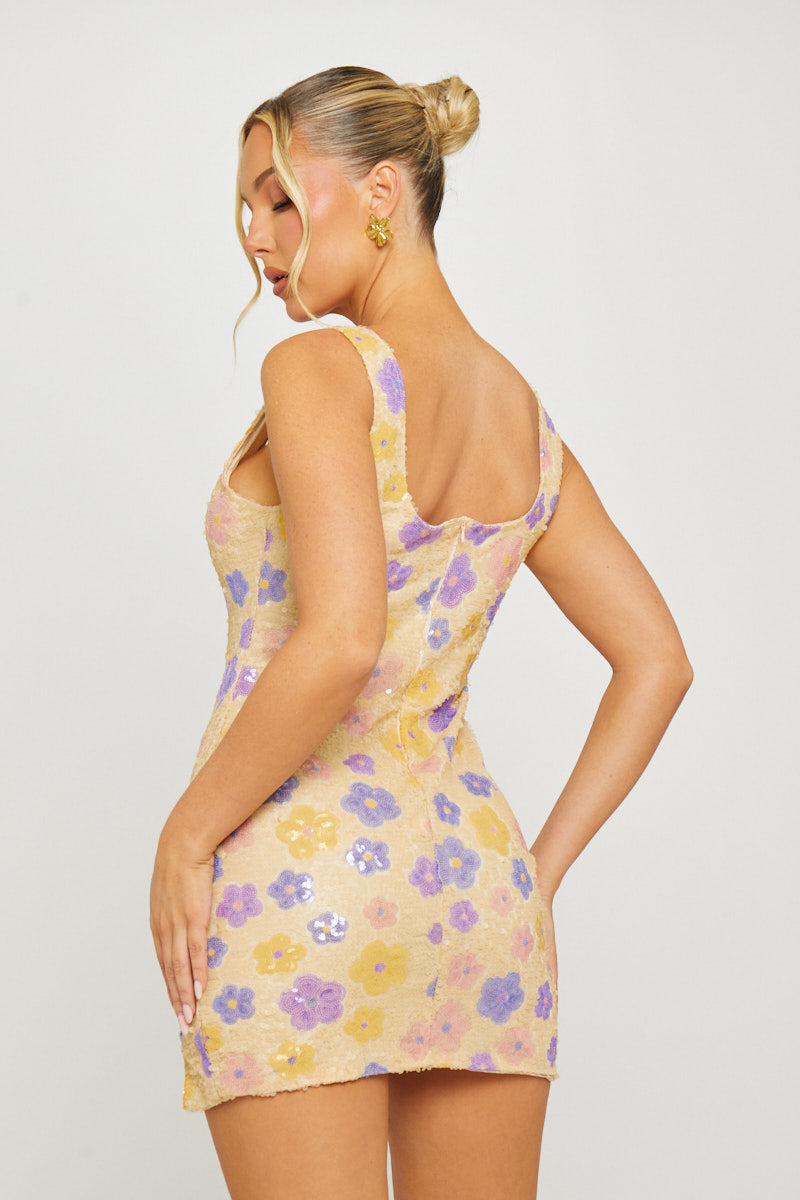 Purple Sequin Floral Detail Square Neck Mini Dress