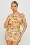 Pink Sheer Floral Embroidered Crop Top & Mini Skirt Co-Ord