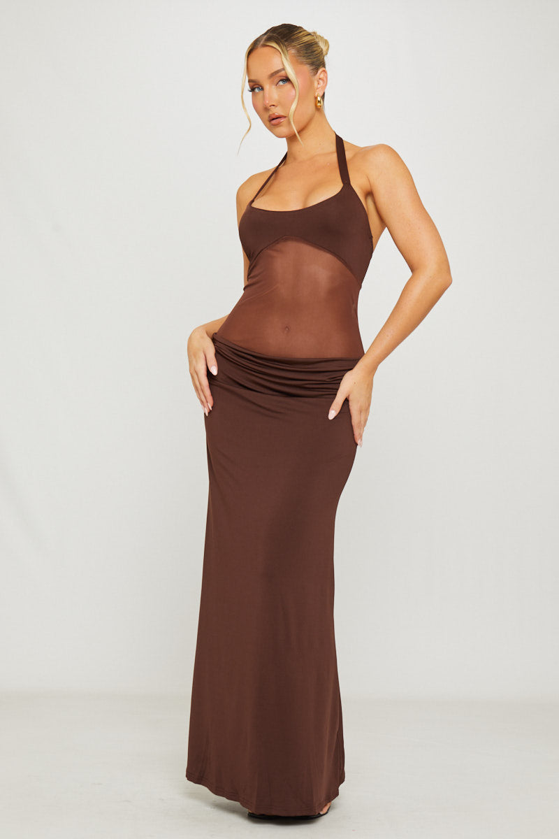 Brown Halter Mesh Panel Detail Maxi Dress