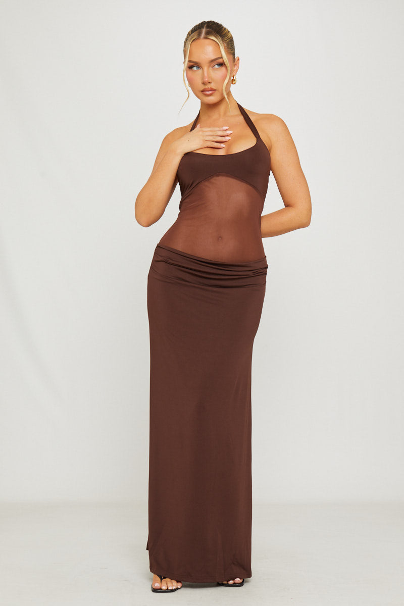 Brown Halter Mesh Panel Detail Maxi Dress