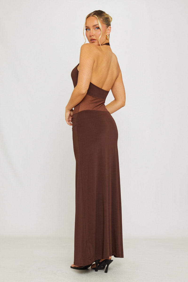 Brown Halter Mesh Panel Detail Maxi Dress