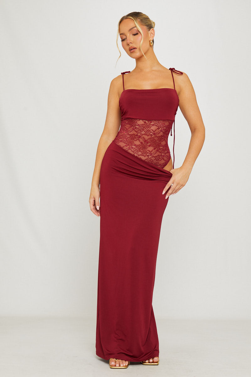Burgundy Lace Detail Shoulder Tie Maxi Dress