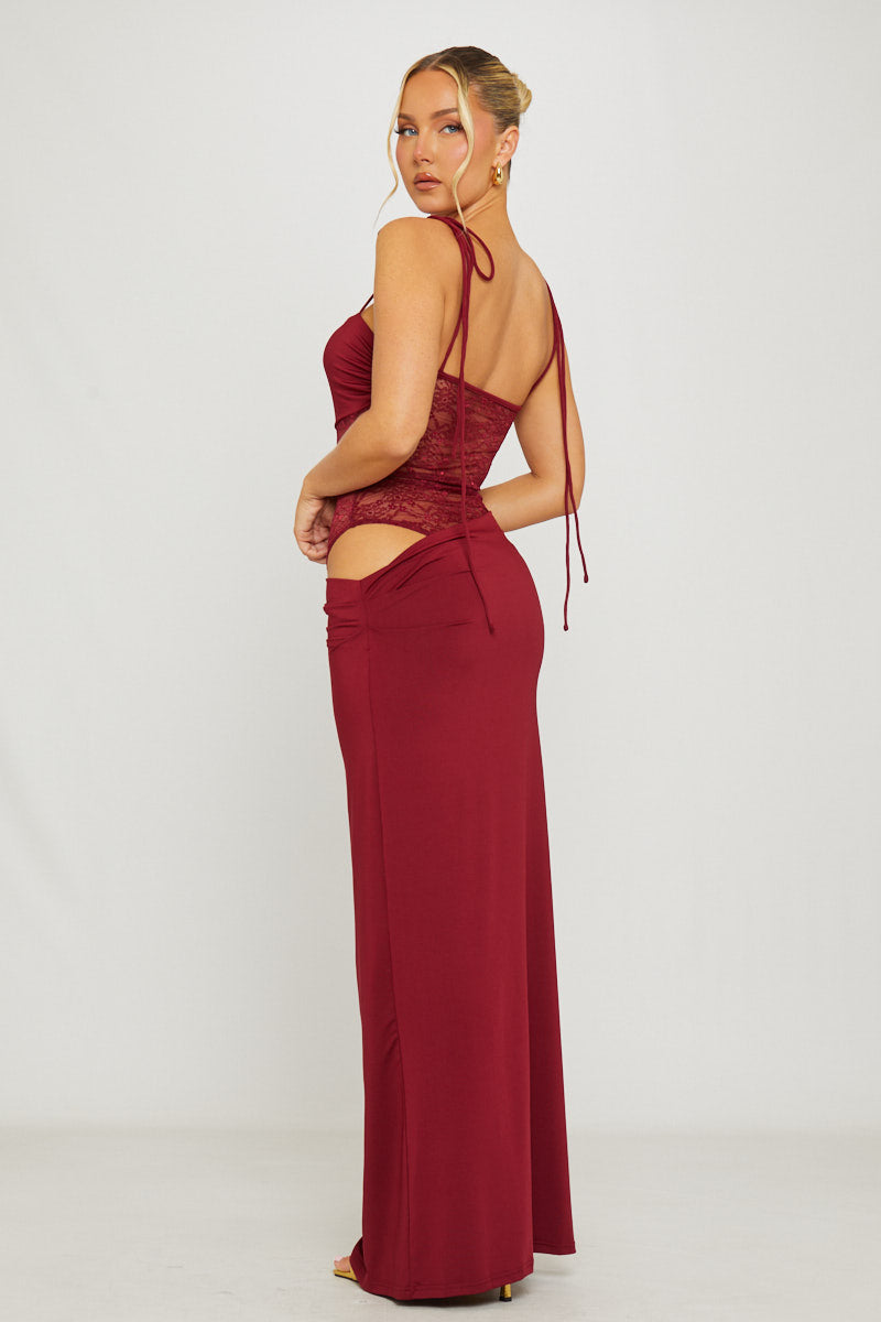 Burgundy Lace Detail Shoulder Tie Maxi Dress