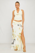Cream Floral Print Cowl Top & Draped Maxi Skirt Co-Ord