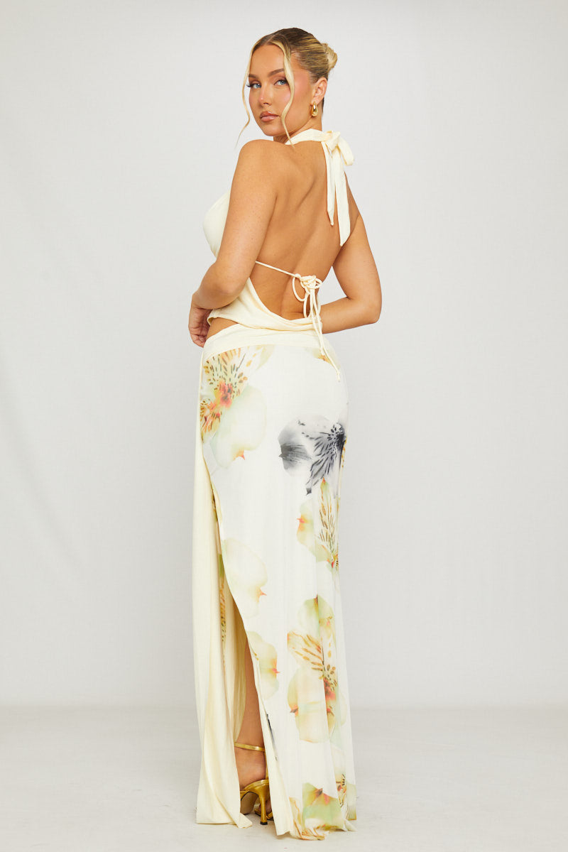 Cream Floral Print Cowl Top & Draped Maxi Skirt Co-Ord