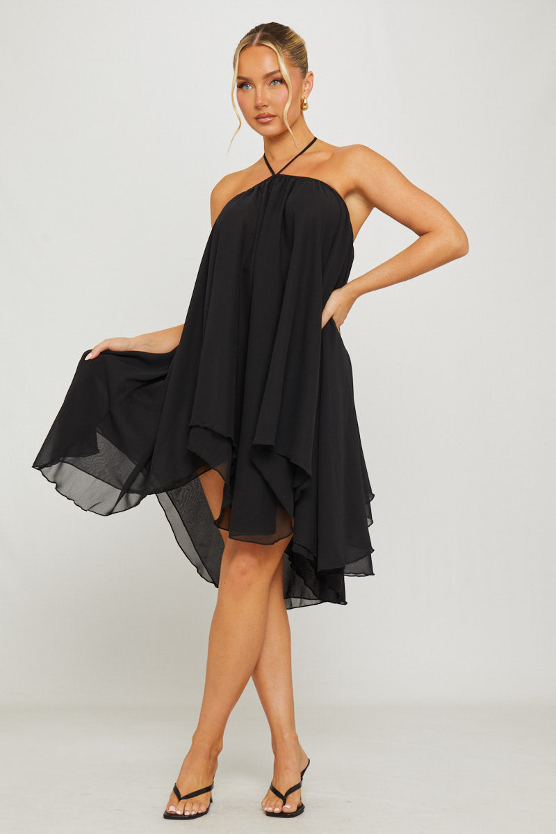 Black Chiffon Halter Asymmetric Mini Dress