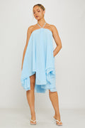 Blue Chiffon Halter Asymmetric Mini Dress