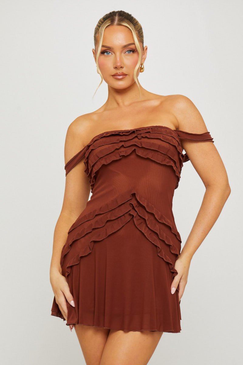 Brown Strapless Chiffon Ruffle Detail Mini Dress