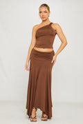 Brown One Shoulder Top & Pleated Maxi Skirt Co-Ord
