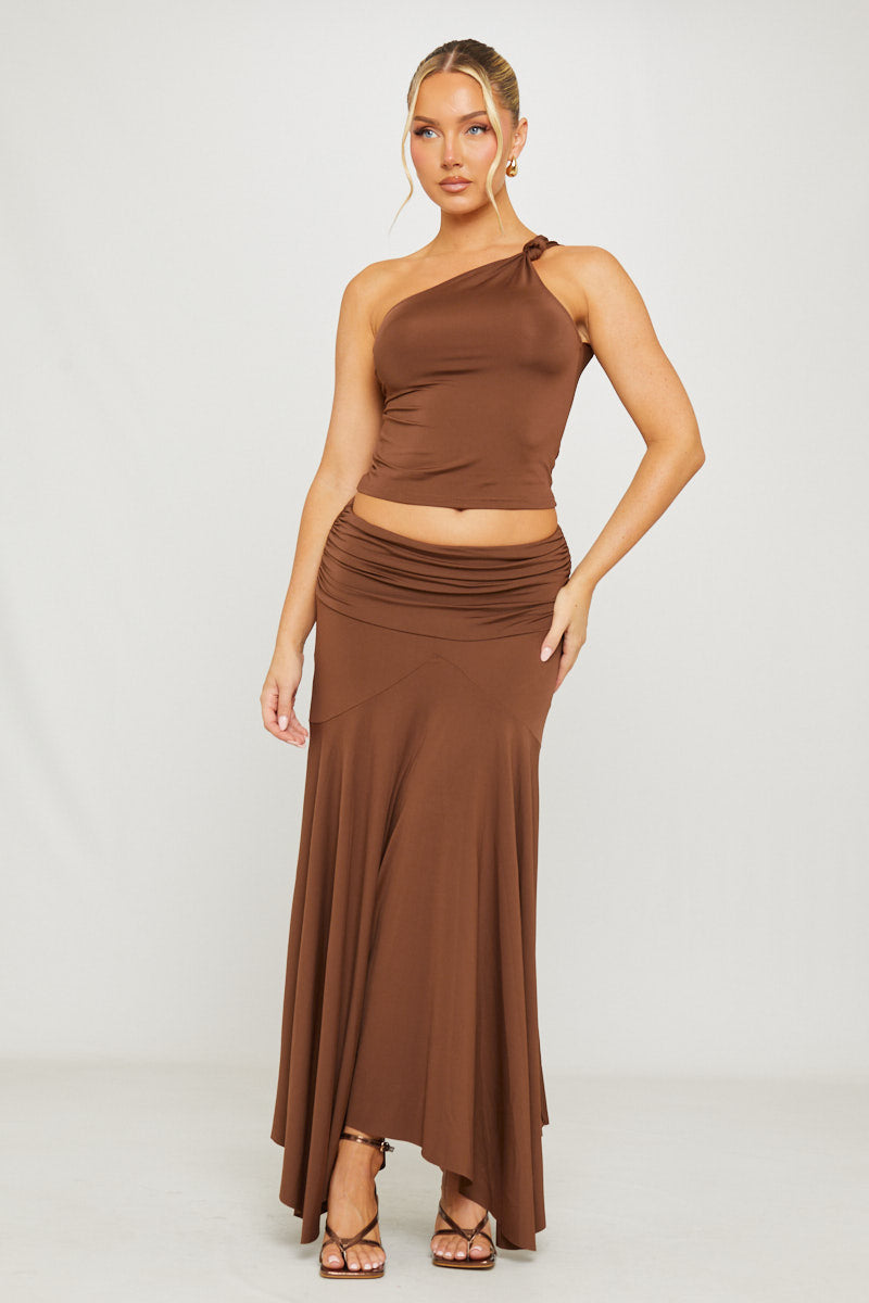 Brown One Shoulder Top & Pleated Maxi Skirt Co-Ord