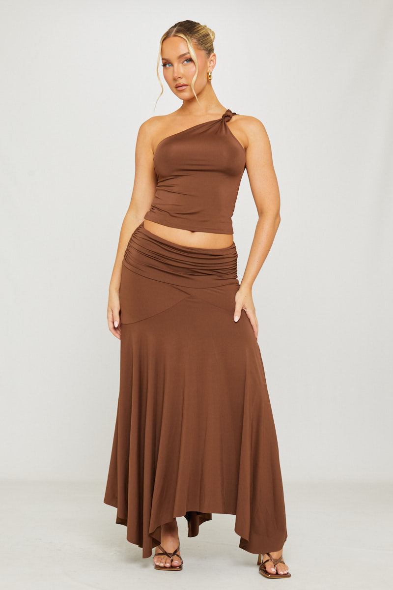 Brown One Shoulder Top & Pleated Maxi Skirt Co-Ord
