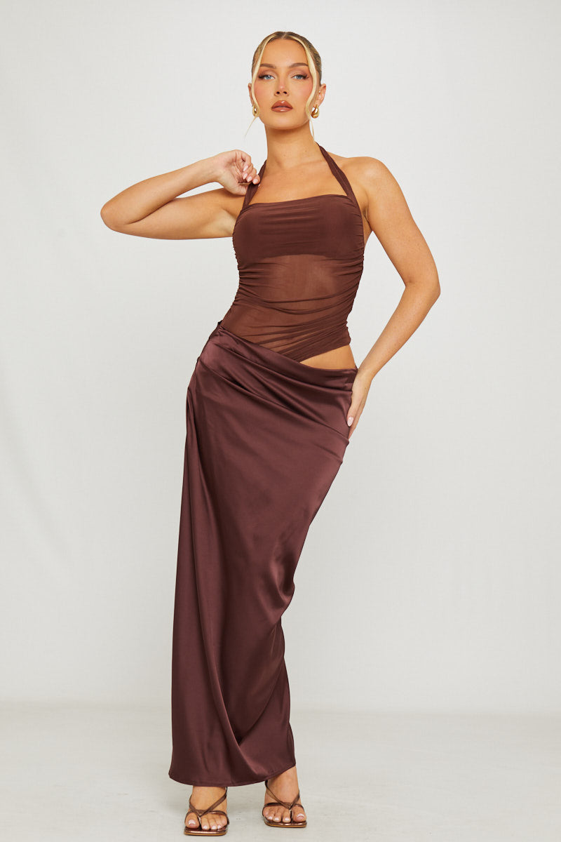 Brown Halter Neck Mesh Detail Asymmetric Maxi Dress