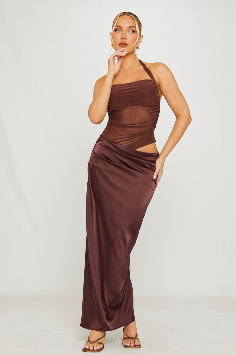 Brown Halter Neck Mesh Detail Asymmetric Maxi Dress