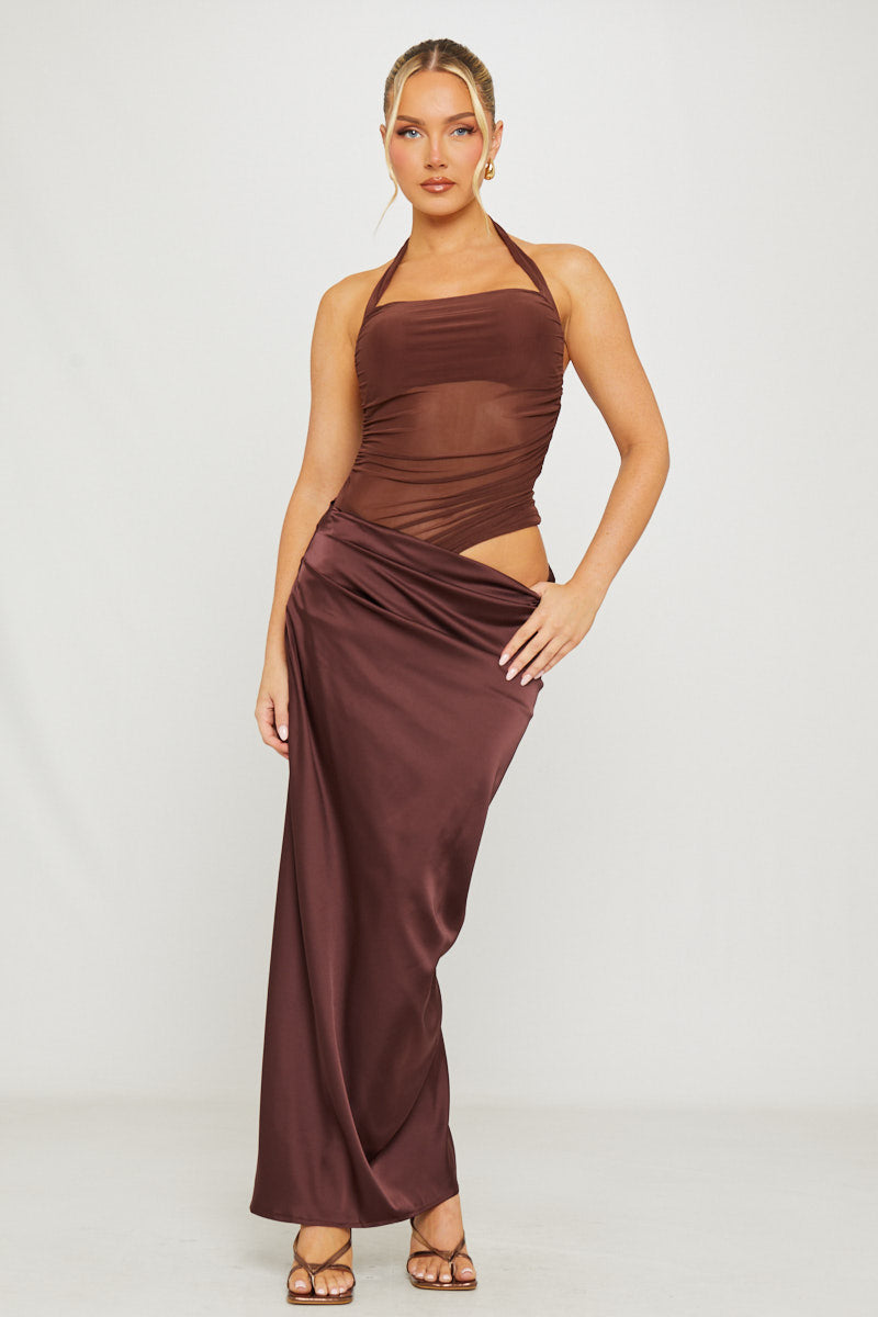Brown Halter Neck Mesh Detail Asymmetric Maxi Dress