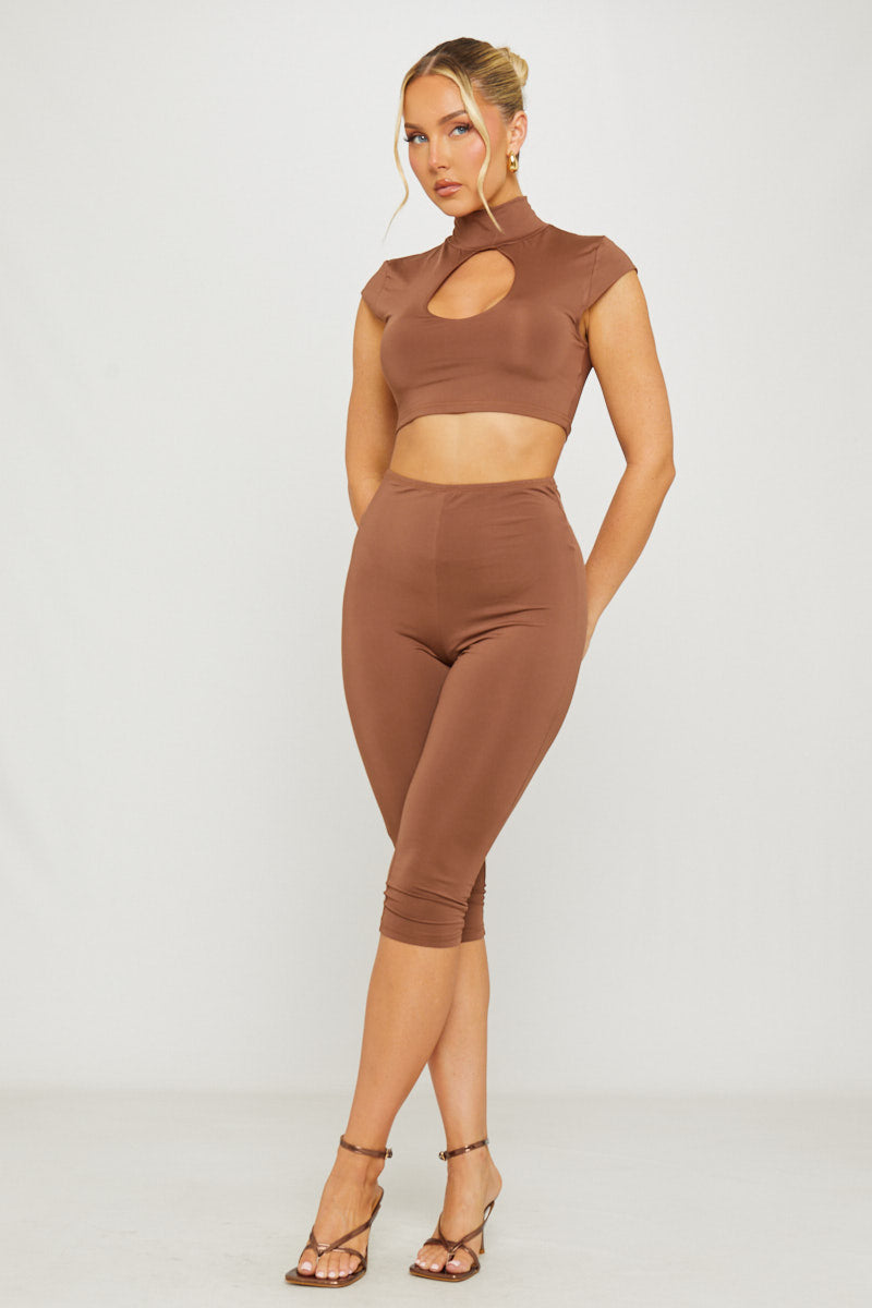 Brown High Neck Cut Out Capri Co-Ord