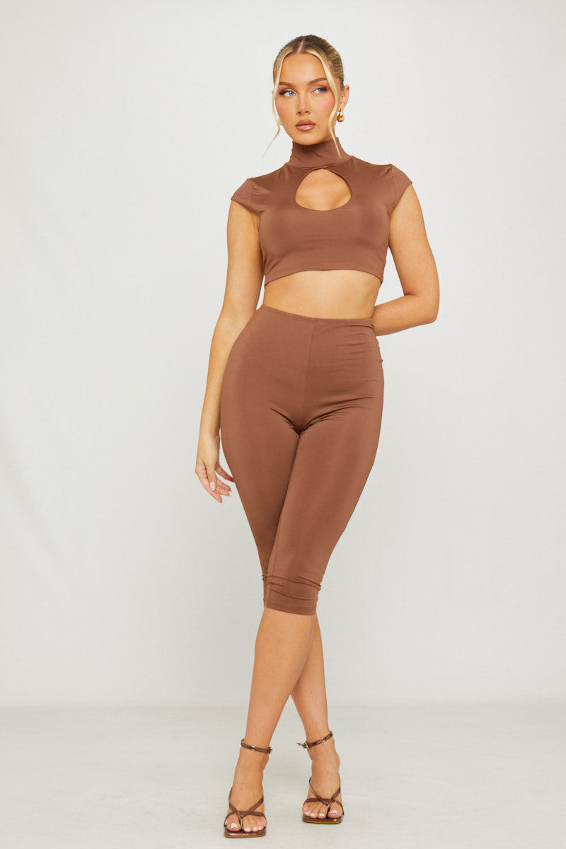Brown High Neck Cut Out Capri Co-Ord