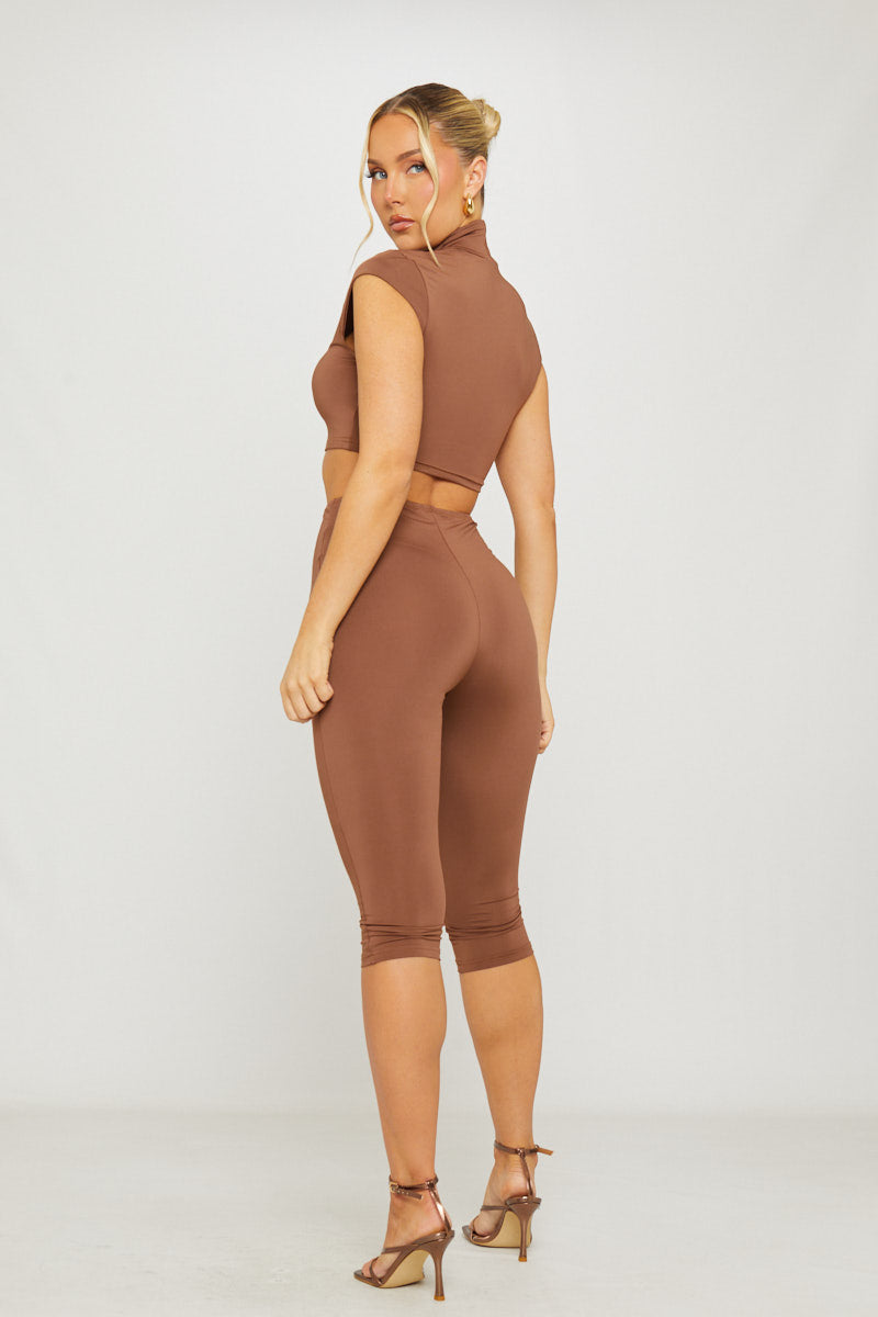 Brown High Neck Cut Out Capri Co-Ord