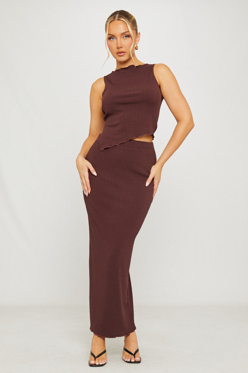 Brown Ribbed Asymmetric Top & Maxi Skirt Co-Ord