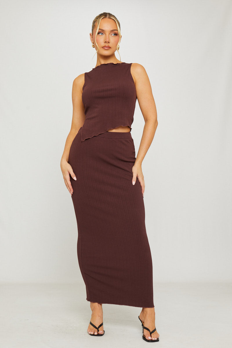 Brown Ribbed Asymmetric Top & Maxi Skirt Co-Ord