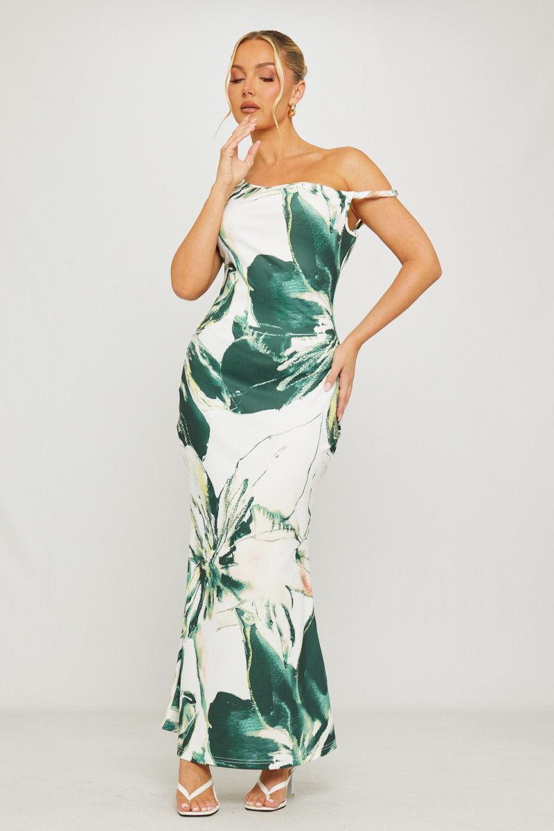 Green Floral Print Asymmetric One Shoulder Maxi Dress