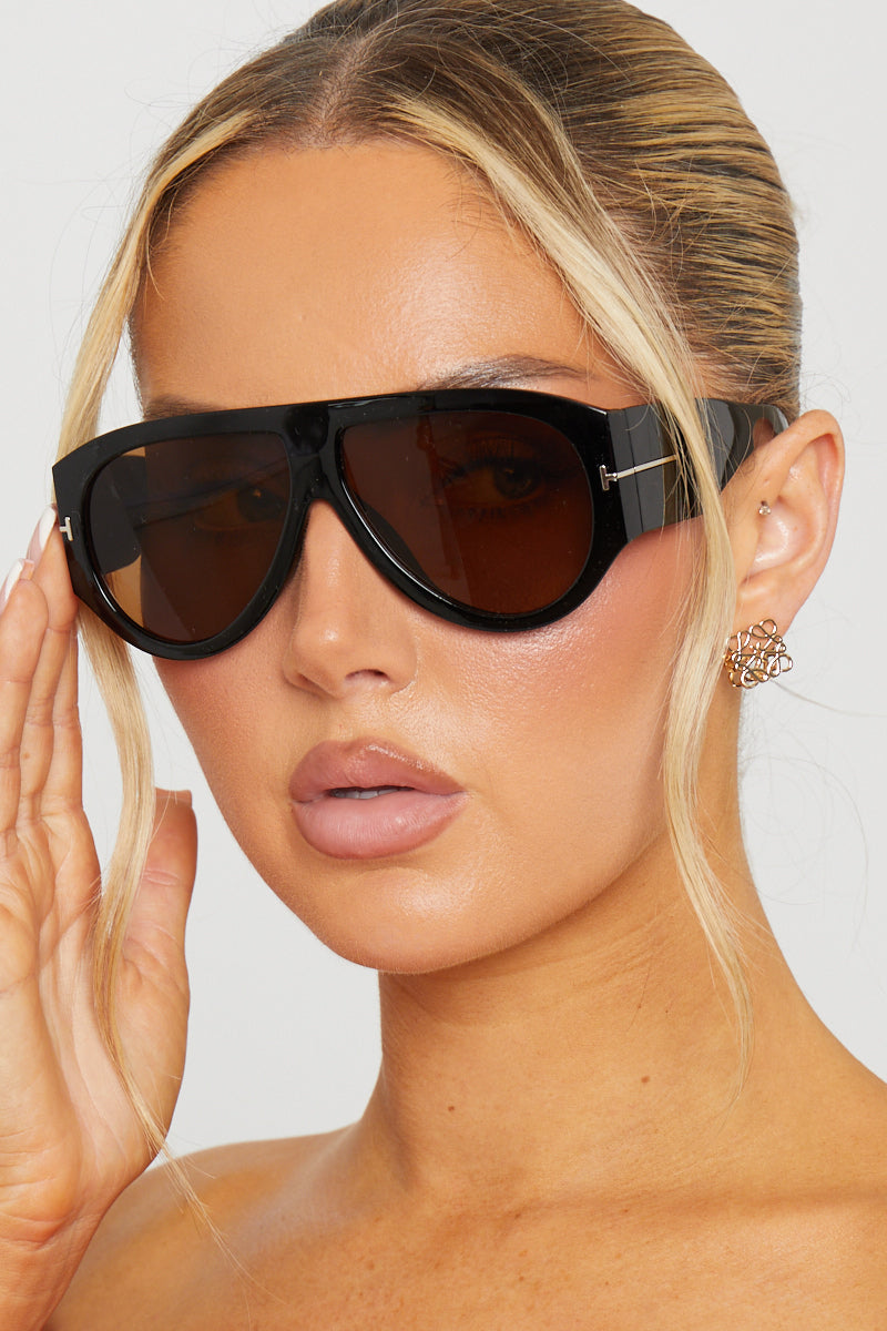 Black and Brown Pilot Aviator Sunglasses with Chunky Frame and "T" Side Detail