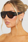 Black and Brown Pilot Aviator Sunglasses with Chunky Frame and "T" Side Detail